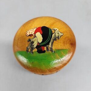 Vintage Hand Crafted 1.5x2.5" Round Wood Norwegian Trinket Jewelry Box Milk Goat